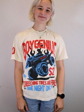 Graphic Short Sleeve Tee - Cream with Blue & Red Print